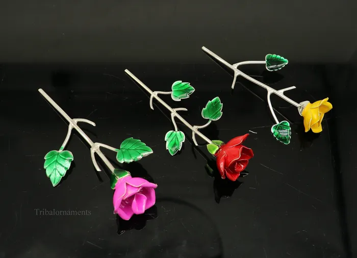TRIBAL ORNAMENTS Rings Solid sterling silver handmade small Rose flower puja god temple article excellent three color enamel silver worshipping articles su450 TRIBAL ORNAMENTS Rings Solid sterling silver handmade small Rose flower puja god temple article excellent three color enamel silver worshipping articles su450