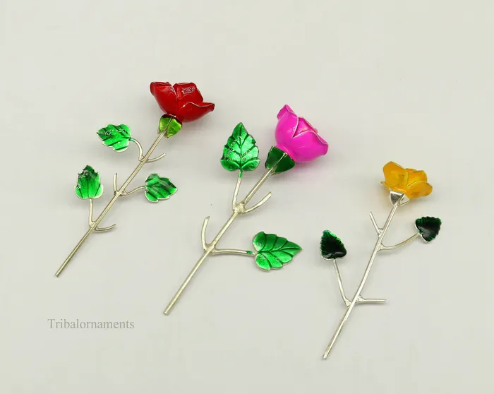 TRIBAL ORNAMENTS Rings Solid sterling silver handmade small Rose flower puja god temple article excellent three color enamel silver worshipping articles su450