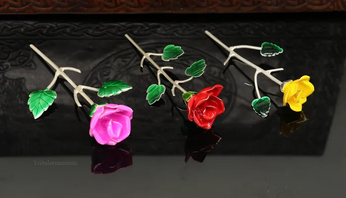 TRIBAL ORNAMENTS Rings Solid sterling silver handmade small Rose flower puja god temple article excellent three color enamel silver worshipping articles su450
