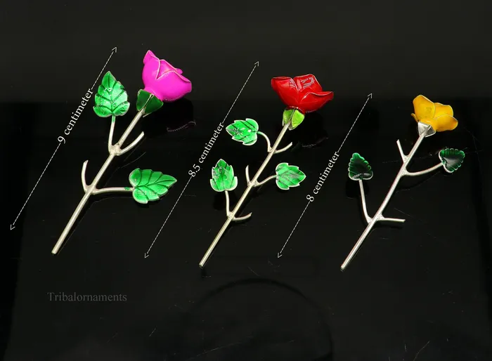 TRIBAL ORNAMENTS Rings Solid sterling silver handmade small Rose flower puja god temple article excellent three color enamel silver worshipping articles su450