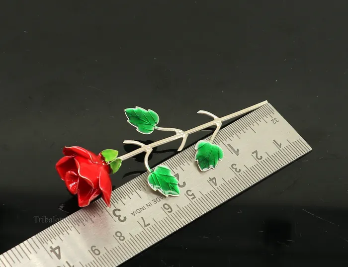 TRIBAL ORNAMENTS Rings Solid sterling silver handmade small Rose flower puja god temple article excellent three color enamel silver worshipping articles su450