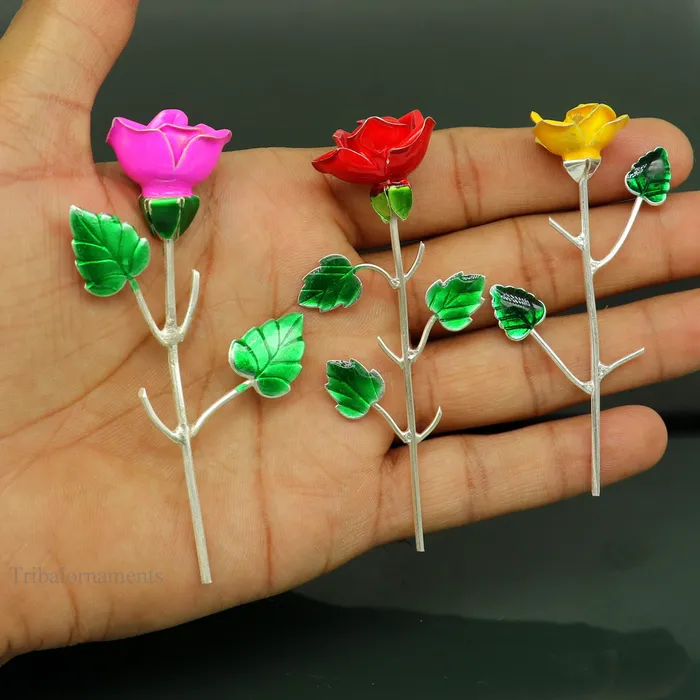TRIBAL ORNAMENTS Rings Solid sterling silver handmade small Rose flower puja god temple article excellent three color enamel silver worshipping articles su450