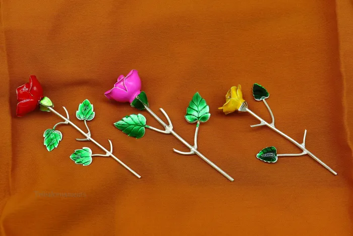 TRIBAL ORNAMENTS Rings Solid sterling silver handmade small Rose flower puja god temple article excellent three color enamel silver worshipping articles su450