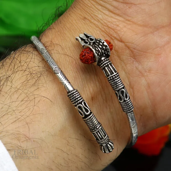 TRIBALORNAMENT Bracelets 925 sterling silver Lord shiva trident trishool kada bangle bracelet with fabulous natural rudraksha antique jewelry nssk673 TRIBALORNAMENT Bracelets 925 sterling silver Lord shiva trident trishool kada bangle bracelet with fabulous natural rudraksha antique jewelry nssk673
