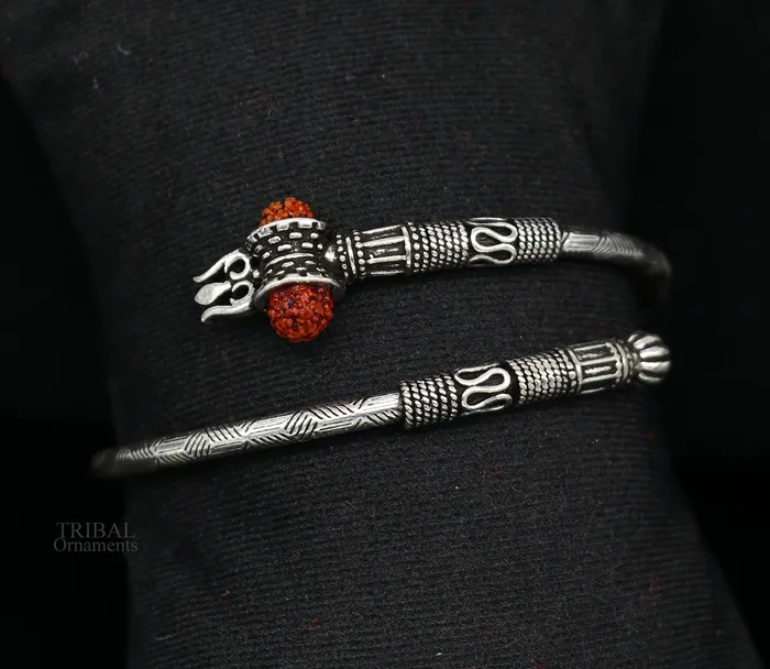 TRIBALORNAMENT Bracelets 925 sterling silver Lord shiva trident trishool kada bangle bracelet with fabulous natural rudraksha antique jewelry nssk673