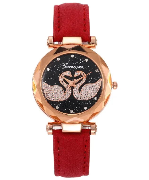 W419 Red Band Rhinestone Swans Collection Quartz Watch polly Rings