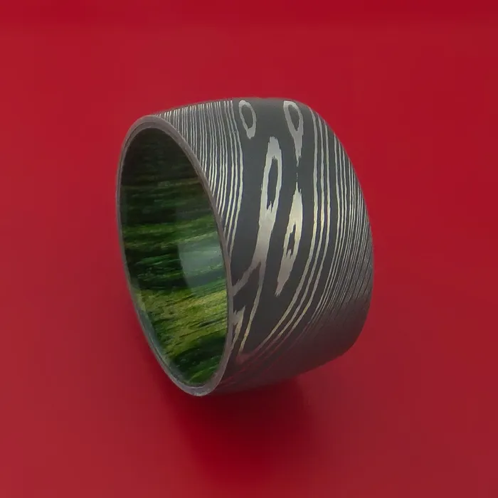 Wide Damascus Steel Ring with Interior Hardwood Sleeve Custom Made Band Lashbrook Rings Wide Damascus Steel Ring with Interior Hardwood Sleeve Custom Made Band Lashbrook Rings