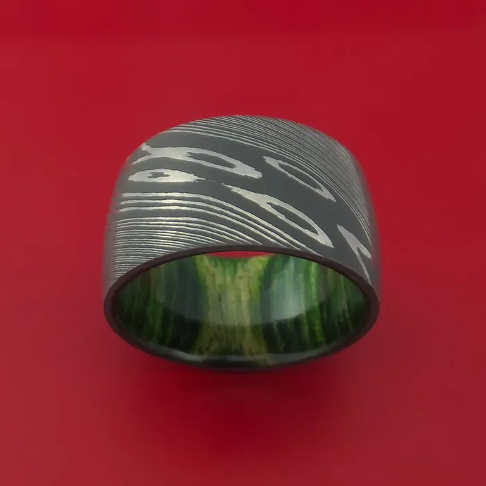 Wide Damascus Steel Ring with Interior Hardwood Sleeve Custom Made Band Lashbrook Rings Wide Damascus Steel Ring with Interior Hardwood Sleeve Custom Made Band Lashbrook Rings
