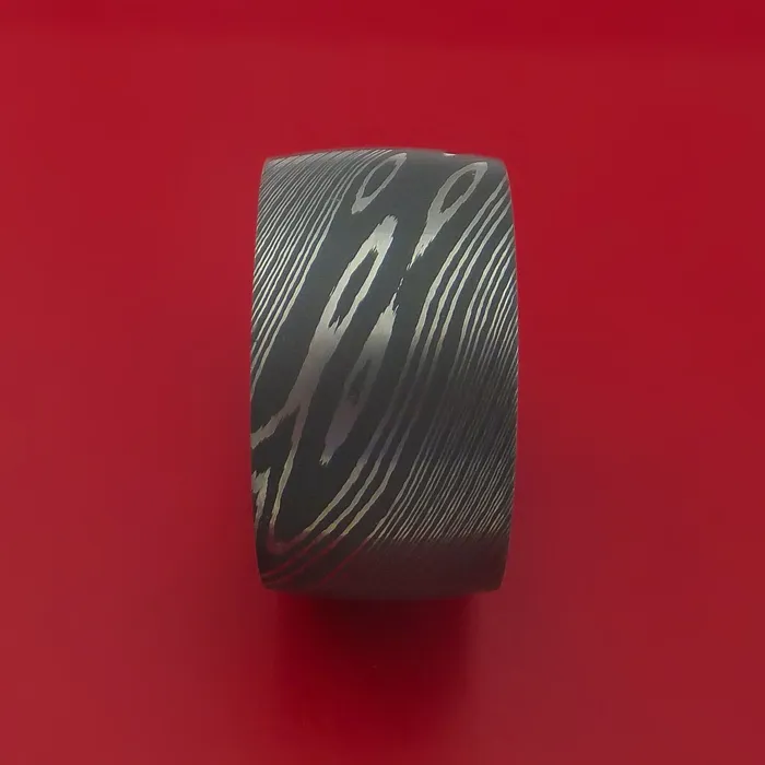 Wide Damascus Steel Ring with Interior Hardwood Sleeve Custom Made Band Lashbrook Rings Wide Damascus Steel Ring with Interior Hardwood Sleeve Custom Made Band Lashbrook Rings