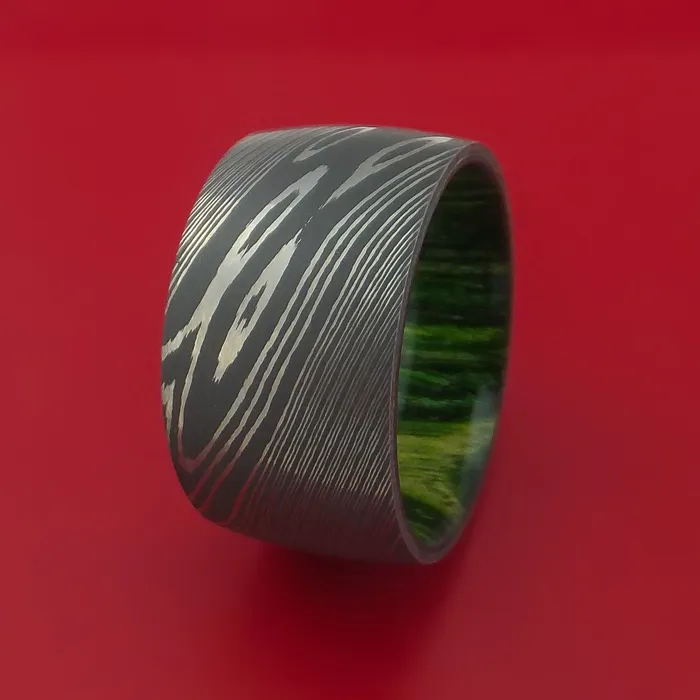 Wide Damascus Steel Ring with Interior Hardwood Sleeve Custom Made Band Lashbrook Rings Wide Damascus Steel Ring with Interior Hardwood Sleeve Custom Made Band Lashbrook Rings